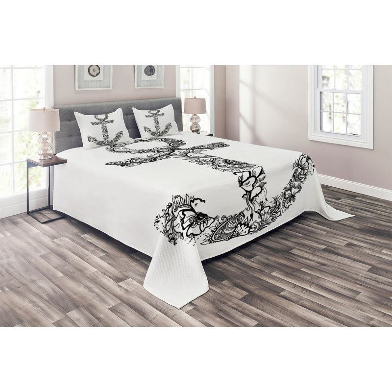 White Quilted Queen Bedspread Set with Anchor Design