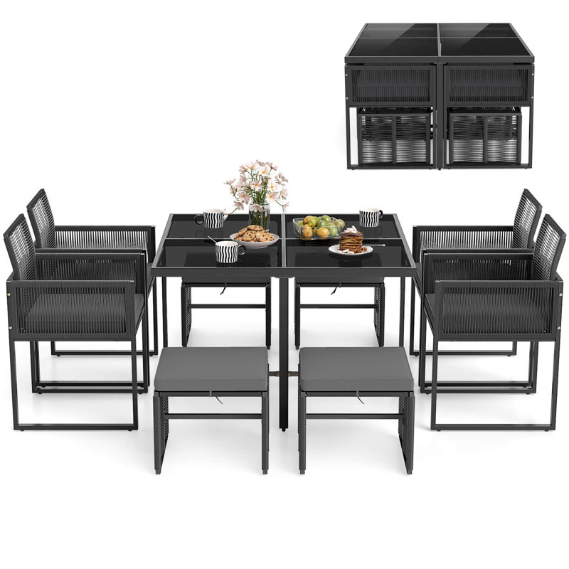 Ensemble de salle à manger 9 pièces pour patio avec chaises en rotin pe et table en verre trempé et repose-pieds