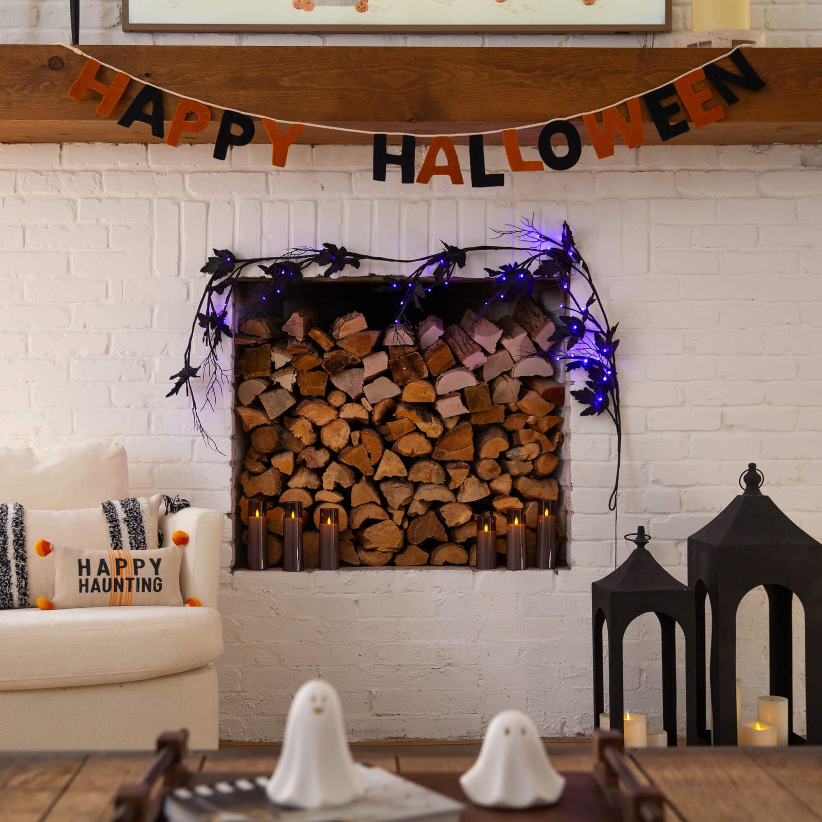 6.5Ft. Pre-Lit Artificial Halloween Black Maple Garland With 48 Orange & Purple LED Lights, Black, 6'6" L