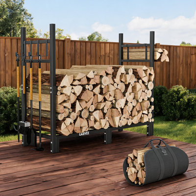 3FT Black Firewood Rack Log Carrier Bag, Heavy Duty Wood Storage Organizer Indoor & Outdoor