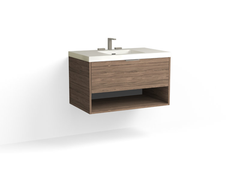Modo 36" W Wall Mounted Single Bathroom Vanity, Matte White/8" Widespread, Biondo, Matte Black