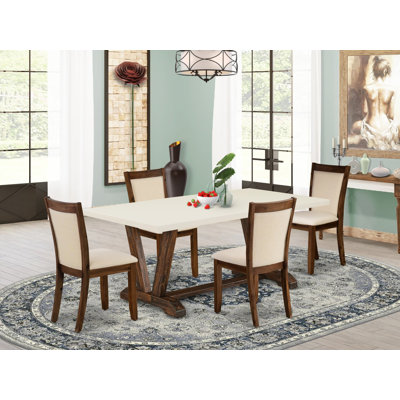5-piece set includes a linen white dinner table and 4 light beige linen fabric parson chairs with high back - distressed Jacobean finish