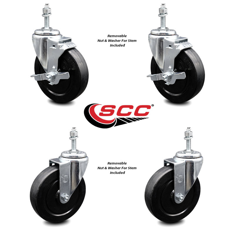 Rubber 3/8 Inch Threaded Stem Caster Set 2 Brakes SCC