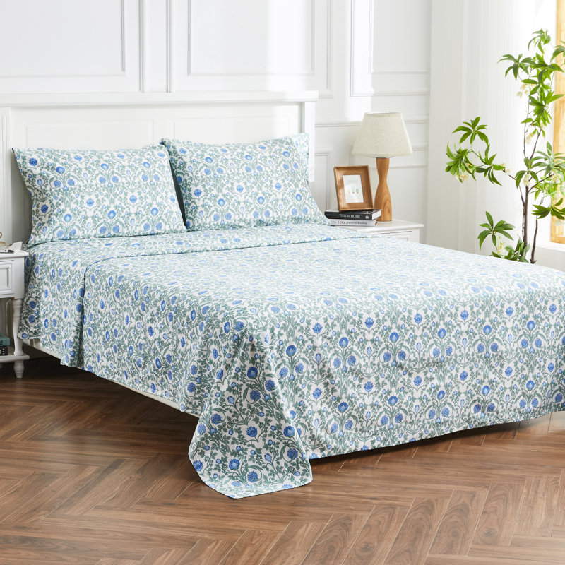 Arts & Crafts Floral Sheet Set, Blue, Full Sheet Set + 2 Standard Pillowcases