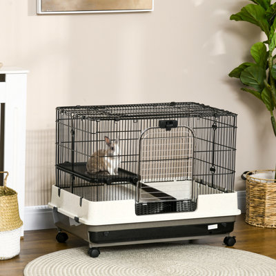 Cage 26 po pour petits animaux sur roulettes - Portable à 2 niveaux pour chinchillas, furets. Plateau amovible et base profonde. Plateforme et rampe à mouvement facile. Rouille - fil métallique. L 31,5 po x l 20,75 po x l 26 po. Blanc noir Avec
