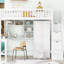 Lit mezzanine blanc avec bibliothèque pratique, tiroirs, bureau et garde-robe. Construction en pin. Chambre de jeu inspirée de la chambre à coucher. Garde-robe de plus de 6 ans - Construisez des pièces plus anciennes-416642236