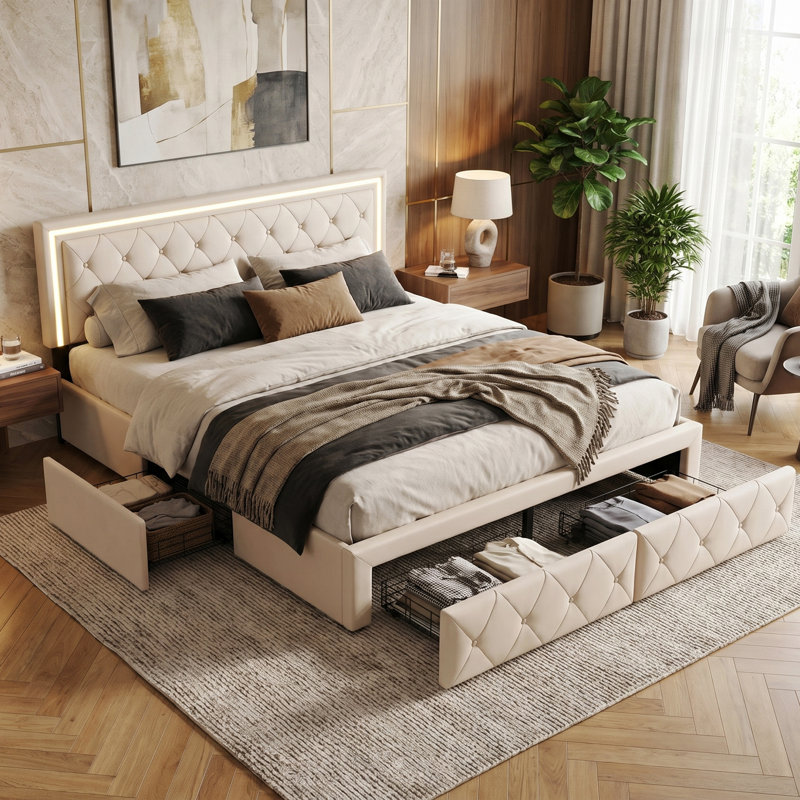 EU Double & King PU Storage Bed With 4 Drawers & LED Headboard, Faux Leather Upholstered Frame,  Beige & Grey, Beige