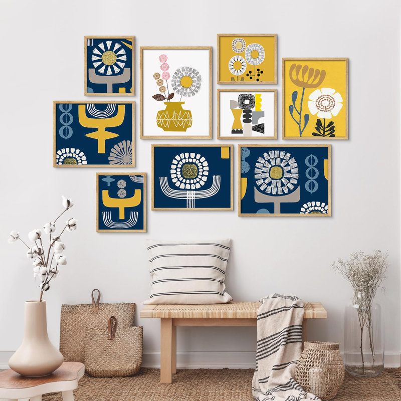 Motif floral géométrique coloré avec motifs floraux jaune et bleu, Naturel