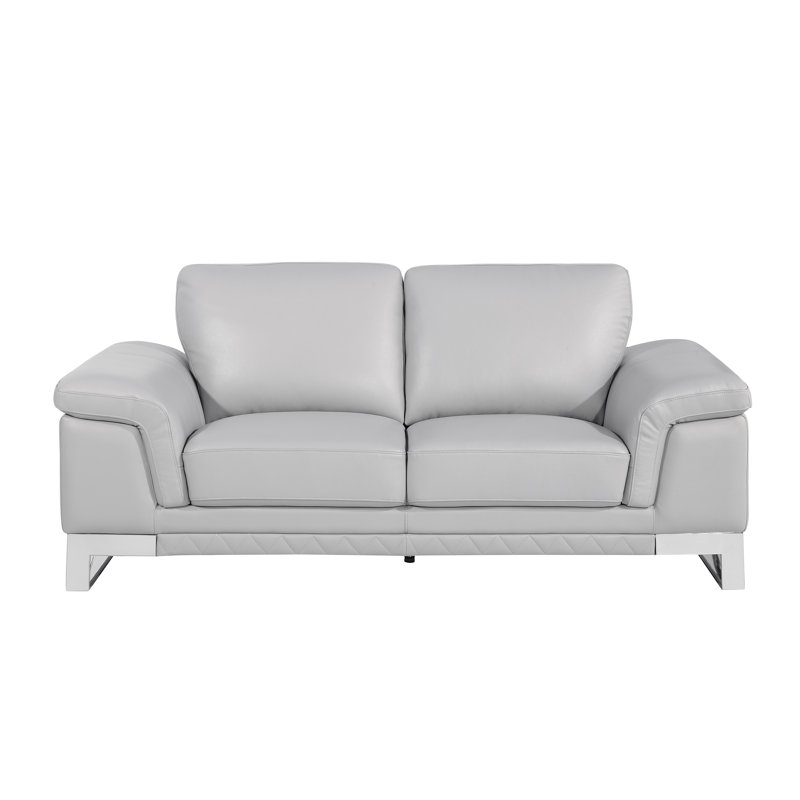 Light Gray Modern Genuine Leather Loveseat, Light Gray Genuine Leather