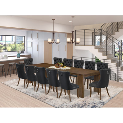 13 Pieces Extendable Dining Set Includes a Rectangle Kitchen Table and 12 Dark Gray Polyester fabric Dining Chairs, Antique Walnut.