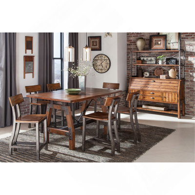Rustic Brown And Gunmetal Finish 7Pc Dining Set Counter Height Table And 6X Counter Height Chairs Industrial Design Wooden Dining Furniture