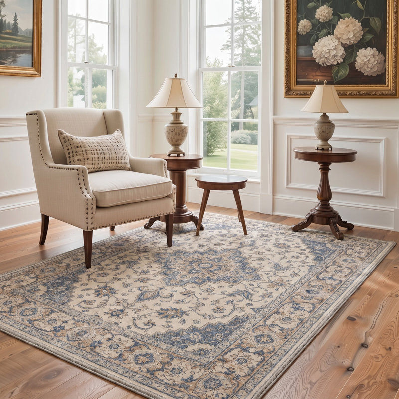 Tapis traditionnel ivoire / bleu Performance à poils courts et antidérapant, Rectangle 6 pi x 9 pi