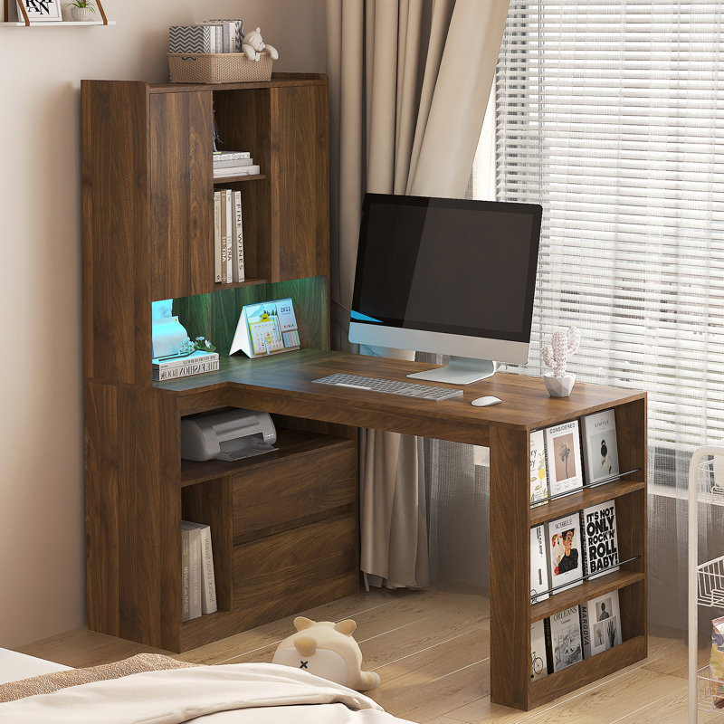 Bureau en L, bureau d'ordinateur avec tiroirs avec éclairage à DEL, bureau d'angle moderne pour la maison, le bureau