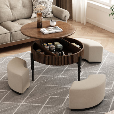 31.5'' Wood Grain Elevated Extendable Frame Coffee Table with Storage Shelf and 3 Stools, Solid Wood Legs