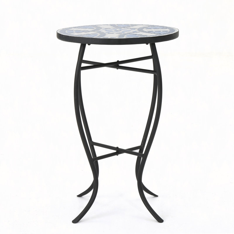Outdoor Round Side Table With Mosaic-Style Top And Curved Iron Legs, End Table