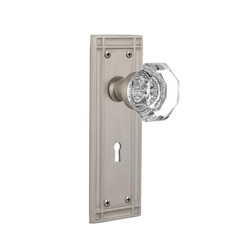 Assiette Mission avec trou de serrure décoratif et bouton de porte Waldorf, Nickel satiné