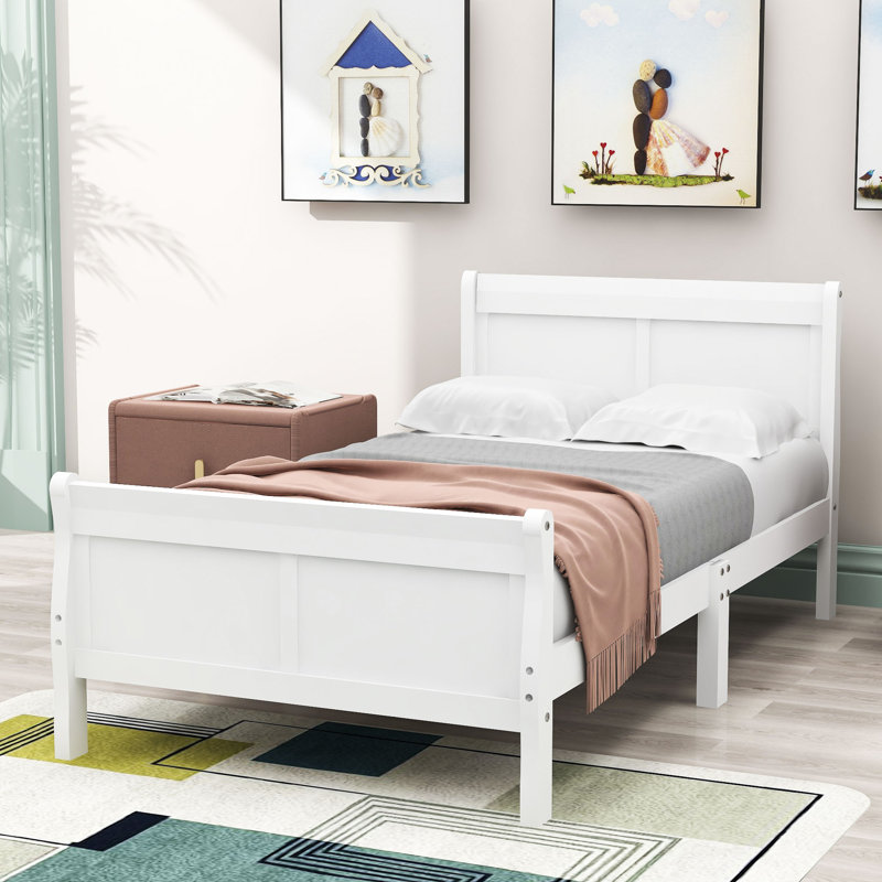 Base de lit plateforme simple en bois avec support en lattes de bois, Blanc