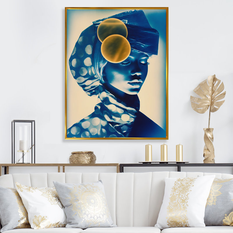 Edrea Avant Garde, modèle en or et rétro bleu IV sur toile, H 32 po x l 24 po x P 1 po, Cadre flottant doré
