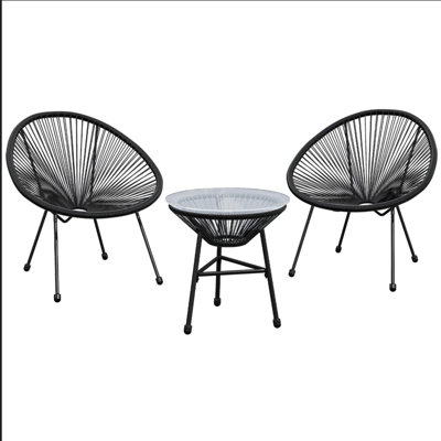 Ensemble bistro 3 pièces avec 2 chaises noires et table en verre Acapulco