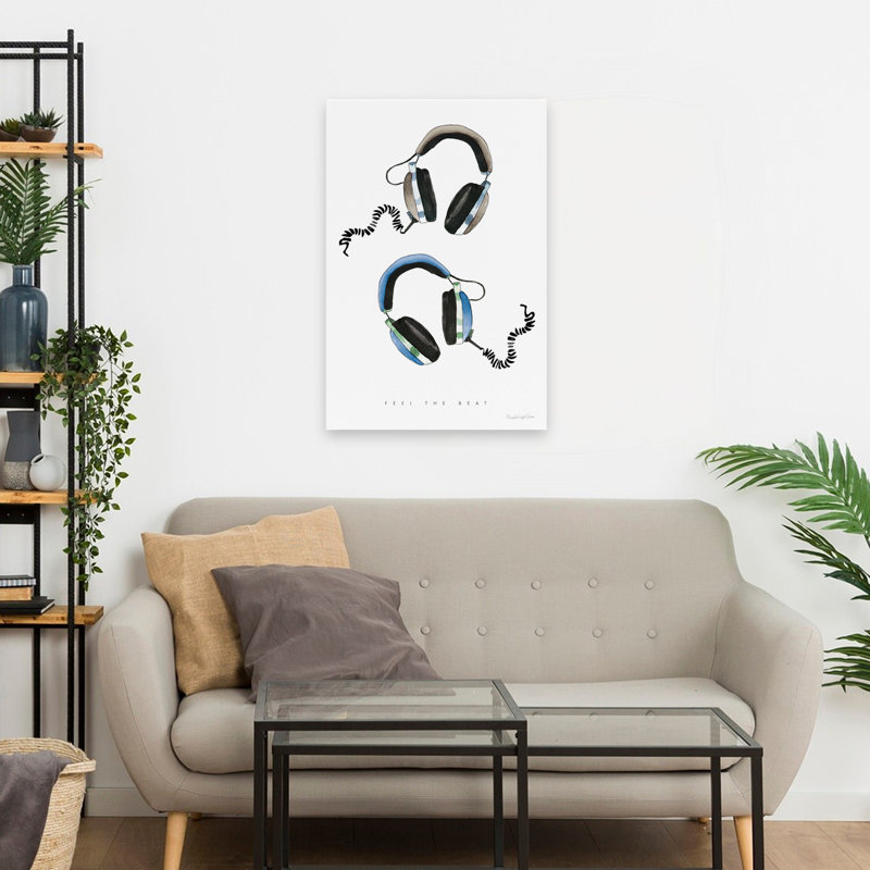 Casque audio bleu-gris - noir, bleu, brun, art des années 80, H 24 po x l 16 po