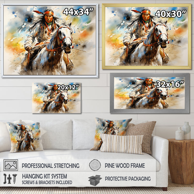 «Colorful Native Indian Warrior», reproduction d'art sur toile encadrée, H 34 po x l 44 po x P 1,5 po, Cadre simple noir
