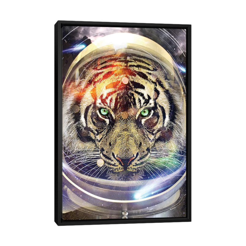 «Astro Tiger» par Vin Zzep, impression sur toile tendue, H 26 po x l 18 po x P 1,5 po, Toile avec cadre noir, Pas de tapis