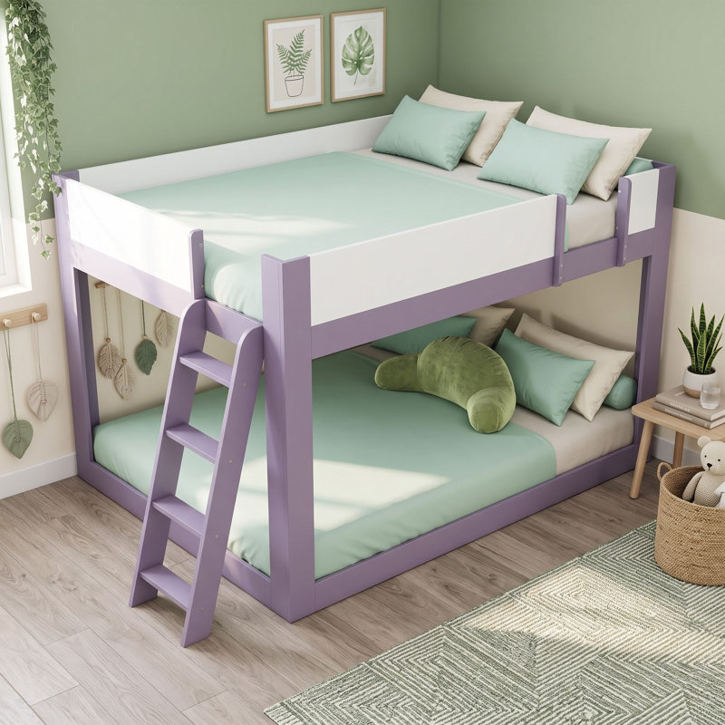 Lit superposé en bois avec échelle réversible et garde-corps, Grand sur grand, Mauve