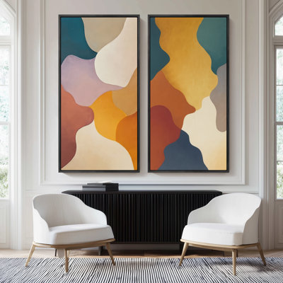 Grand ensemble d'art mural sur toile encadrée - tons de terre chaud, formes incurvées de formes minimalistes ou rétro - 60 po x 20 po x 2 pièces