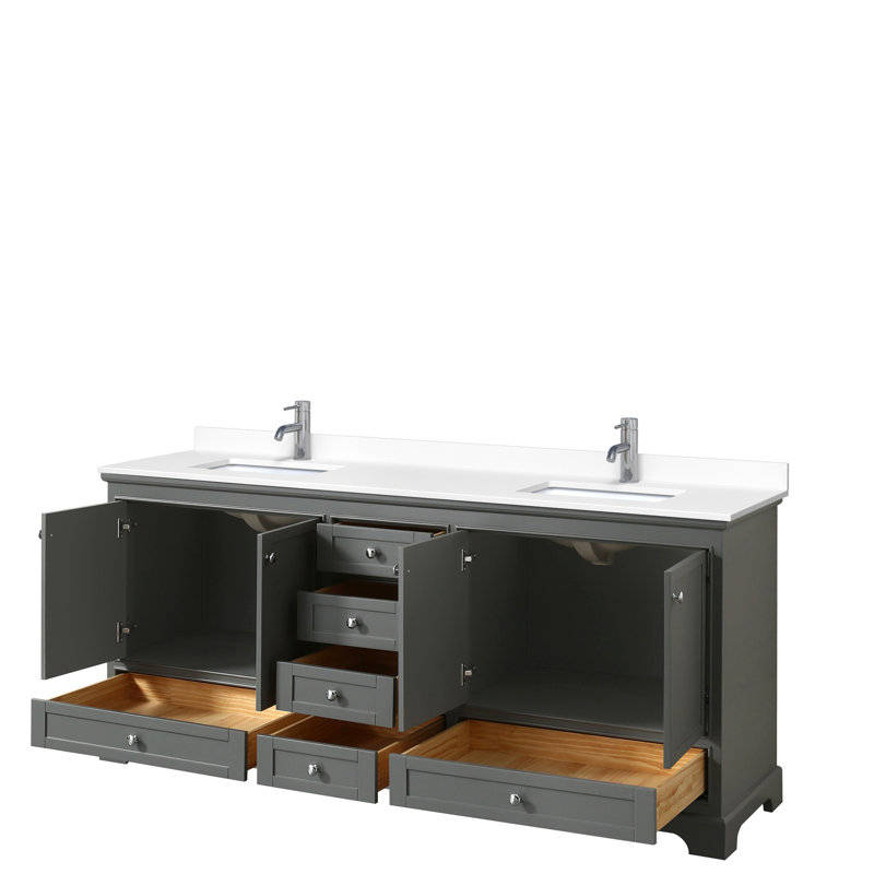Ensemble de meuble-lavabo double 80 "Deborah, Espresso foncé, Marbre de culture blanc, Chrome poli