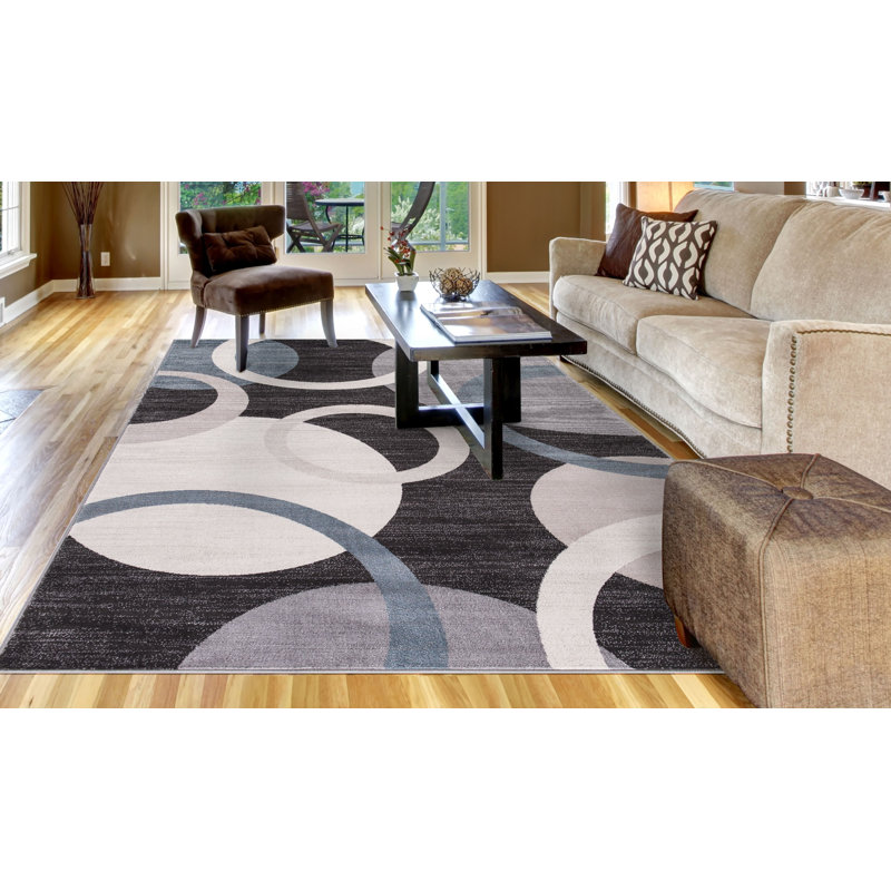 Oriental Machine Woven Circle Design Area Rug in Blue Black, Rectangle 8' x 10'