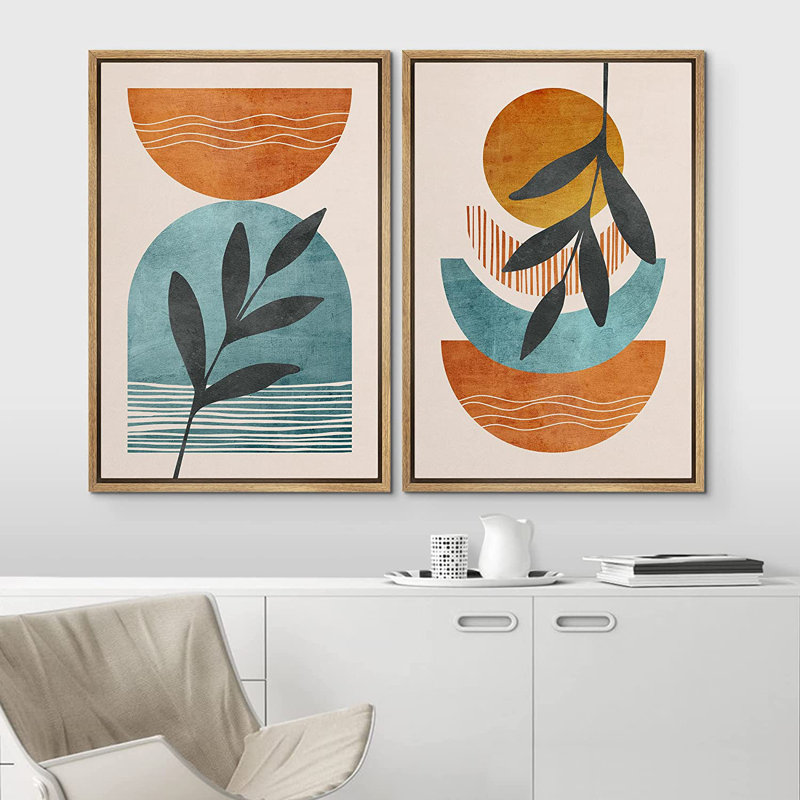 «Mid Century Shape Orange Green Pastel Polygon Abstract», reproduction d'art moderne sur toile encadrée 2 pièces, Brun