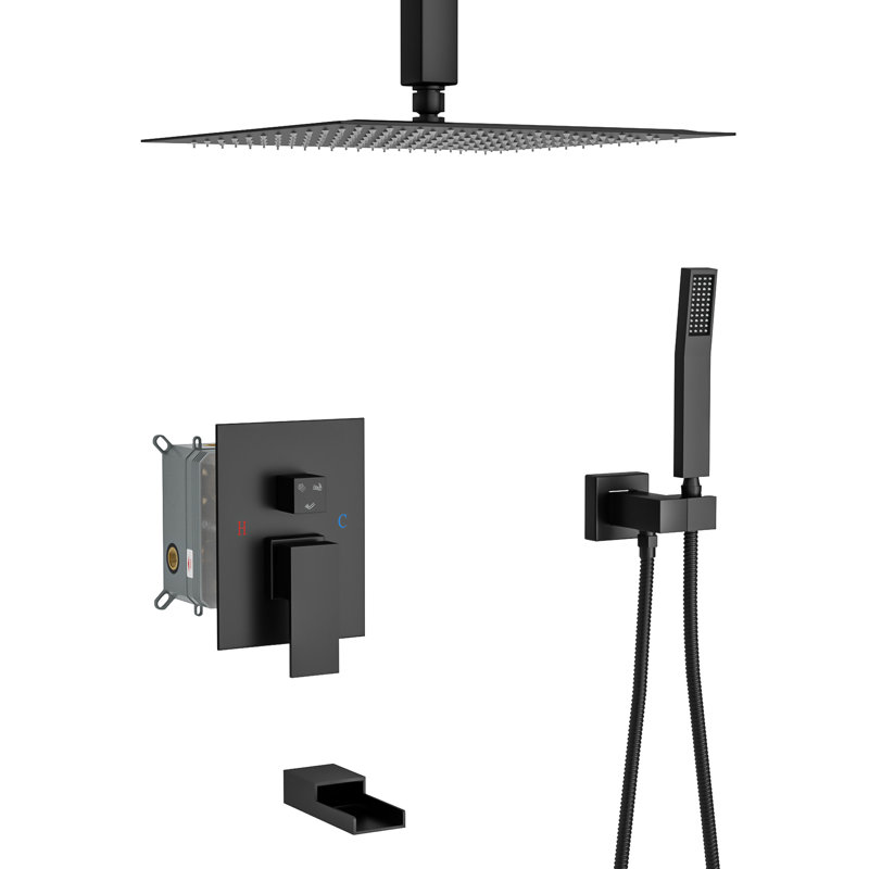 Système de douche carré de 16 pouces à fixation au plafond, bec de baignoire en cascade, soupape d'échaudage, pluie fine avec douche noire matte à rotation de 360 po, douches à 3 fonctions au plafond et à main, couverture