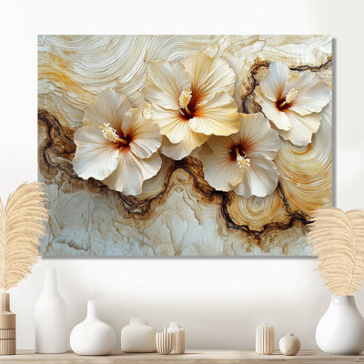 Hibiscus fleurs champ sur un marbre crème - Hibiscus décoration murale en métal, reproduction d'art traditionnelle en métal
