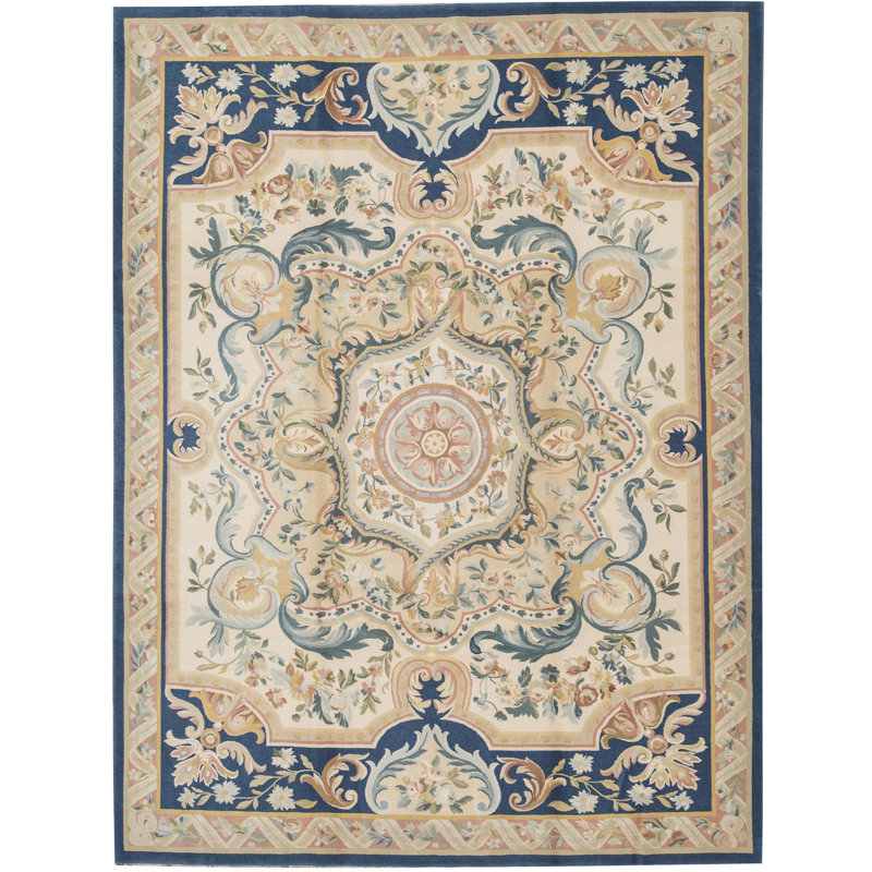 Tapis ivoire et bleu noué à la main de haute qualité