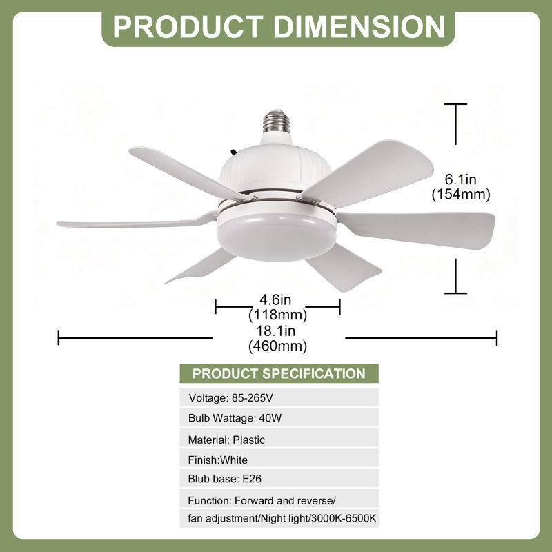 18in Modern Socket LED Ceiling Fan Light
