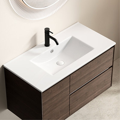 Lavabo vasque de salle de bain 36 pouces en blanc, fabriqué à partir d'argile de qualité, cuit à 1280 ° C, comptoir en céramique durable et brillant, design épuré et moderne, à la décoloration, aux égratignures et aux éclats