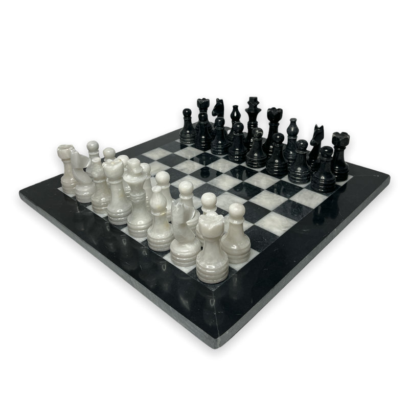 Jeu d'échecs en marbre noir et blanc 16 po avec bordure noire | Jeu d'échecs en marbre de luxe de grande taille avec boîte-cadeau élégante | Jeu d'échecs fait à la main
