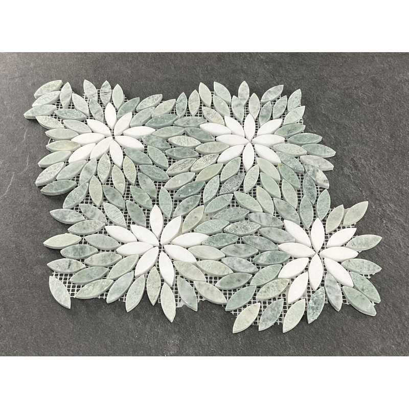 Mfl Ming Green And Thassos White Flower Pattern Marble Mosaic Wall & Floor Tile