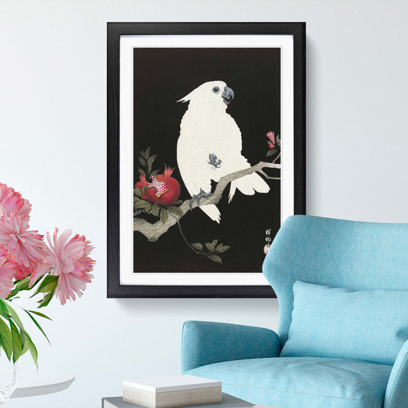 Cockatoo and Pomegranate by Ohara Koson - Picture Frame Painting Print, 48cm H x 36cm W x 2cm D, Black Framed