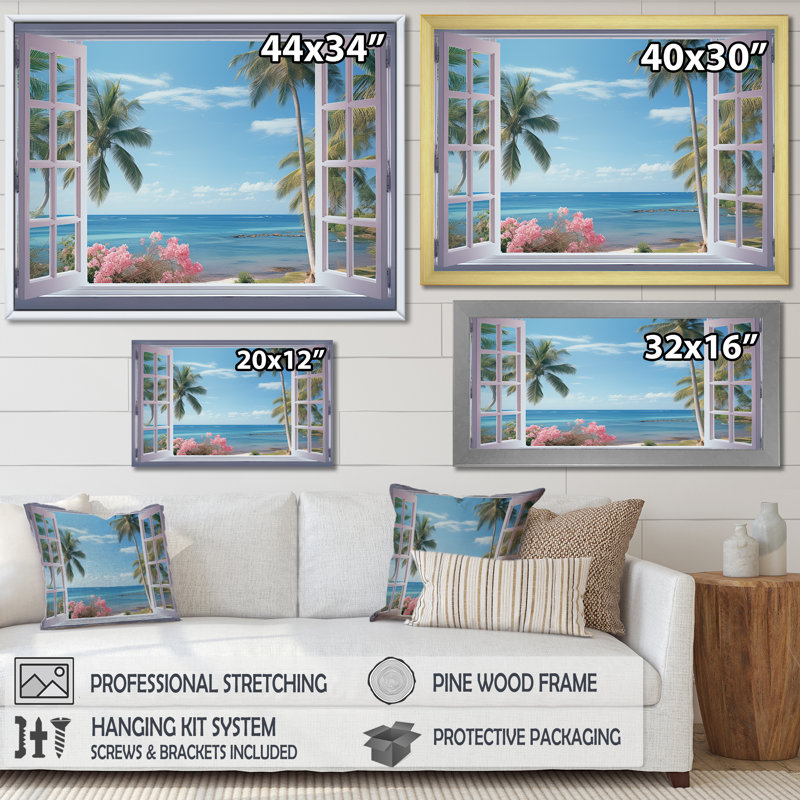 Vue sur l'océan tropical à travers une fenêtre blanche ouverte - art mural sur toile côtière, Cadre photo doré simple