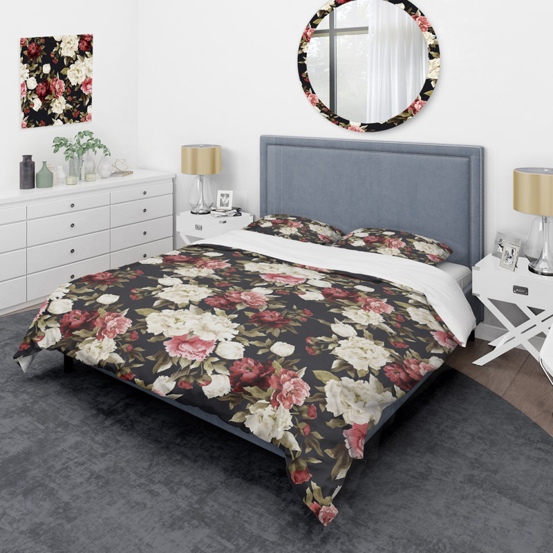 Ensemble de housse de couette à motif floral rose et blanc, Housse de couette pour très grand lit et 2 très