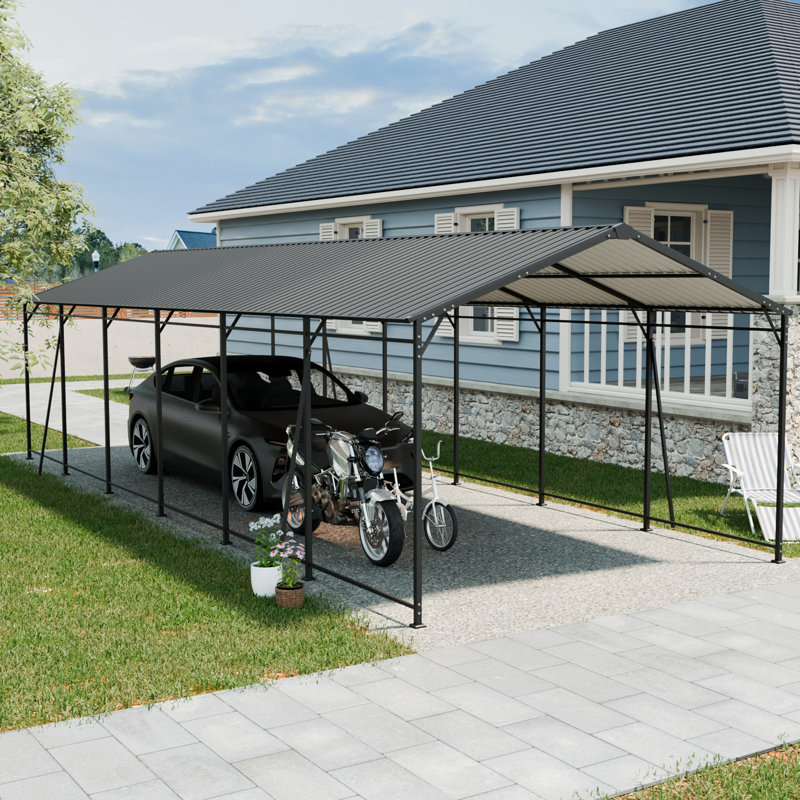 Abri de voiture robuste en métal 12 x 32 avec toit et cadre en acier galvanisé, grand garage extérieur avec 4 supports de tubes carrés inclinés fixes pour voitures, camions,