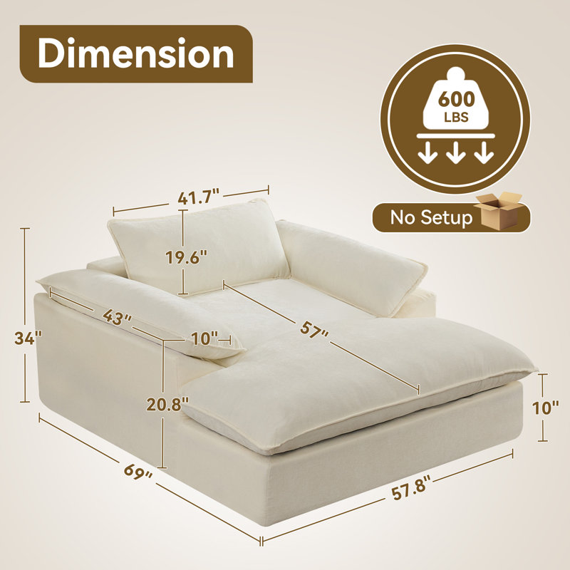 69" D Oversized Chenille Upholstered Boneless Chaise Lounge Chair, No Assembly, Beige