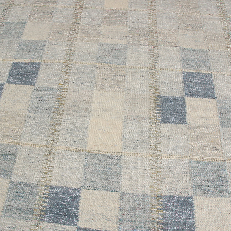Rug & Kilim’S Scandinavian-Inspired Geometric Gray And Blue Wool Pile Rug, Rectangle 12' x 18'
