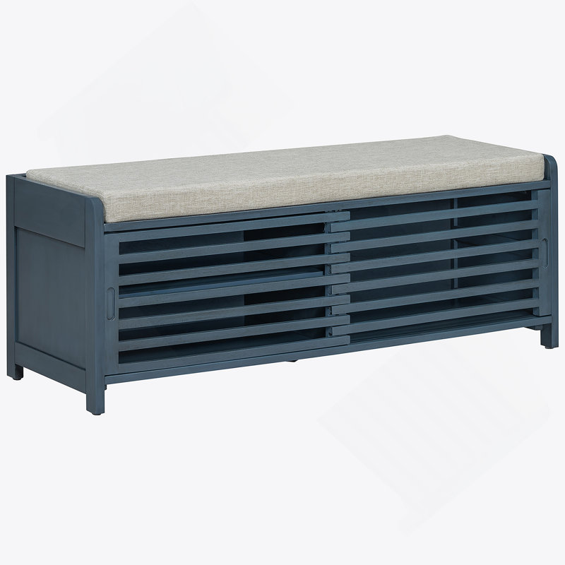 Distressed Shutter Storage Bench With Acacia Veneer For Retro Charm For Living Room, Entryway (Navy), Navy