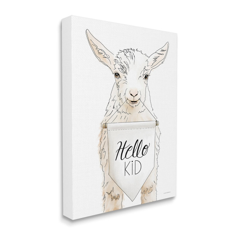 Chèvre tenant une pancarte «Hello Kid» par Kamdon Kreations, L 16 po x H 20 po, Toile tendue