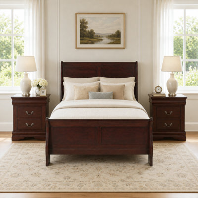 Ensemble de chambre à coucher 3 pièces avec lit-bateau en bois massif transitionnel, structure de lit grand / simple / simple avec 2 tables de chevet 2 tiroirs assorties, fondation requise