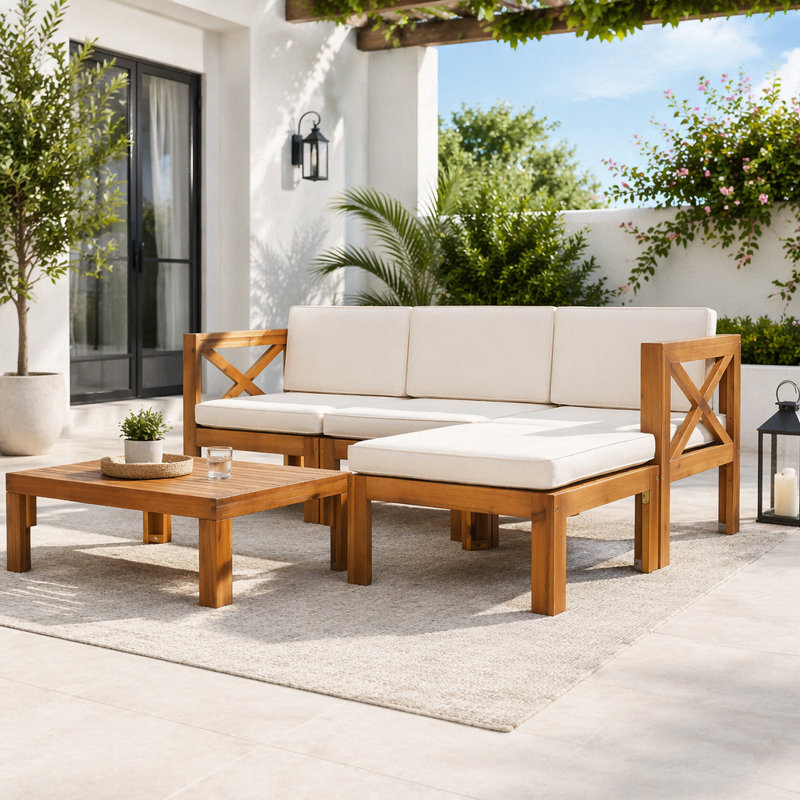 Ensemble de conversation modulaire 5 pièces avec coussins d'extérieur, Finition naturelle + coussins beiges