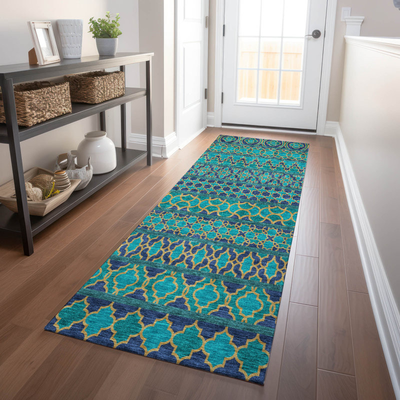 Premium Machine Washable Prisco Teal Rug, Runner 2'3" x 7'6"