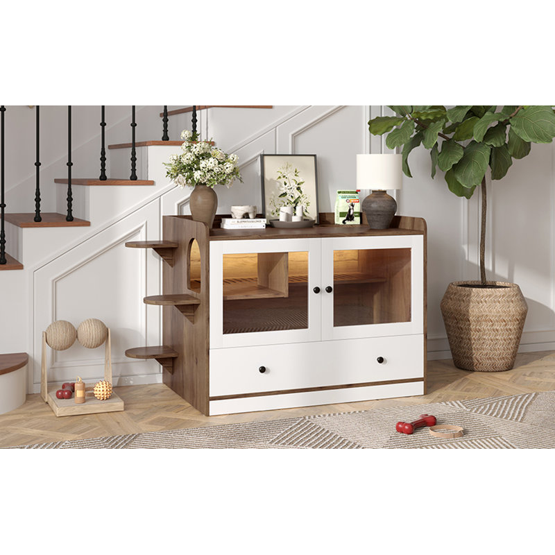 Enceinte de litière pour chat avec tiroir et escalier, Brun / Blanc